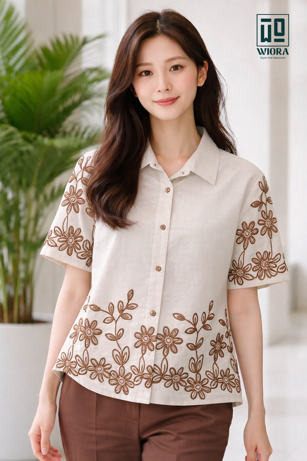 Wiora Beige Floral Embroidered Shirt – Elegant Short Sleeve Button-Down Top