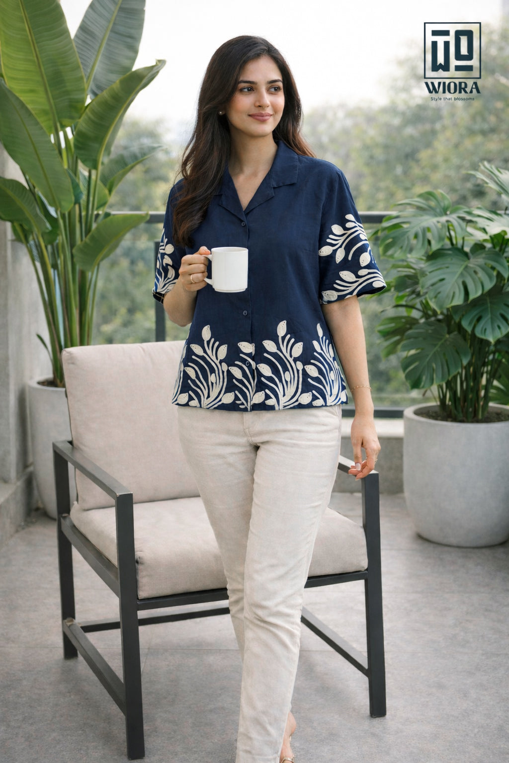 Wiora Navy Blue Leaf Embroidered Shirt – Elegant Short Sleeve Button-Down Top