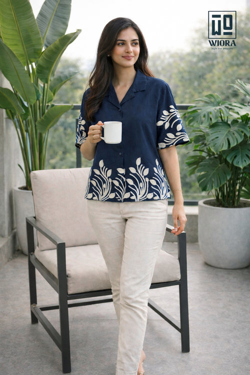 Wiora Navy Blue Leaf Embroidered Shirt – Elegant Short Sleeve Button-Down Top