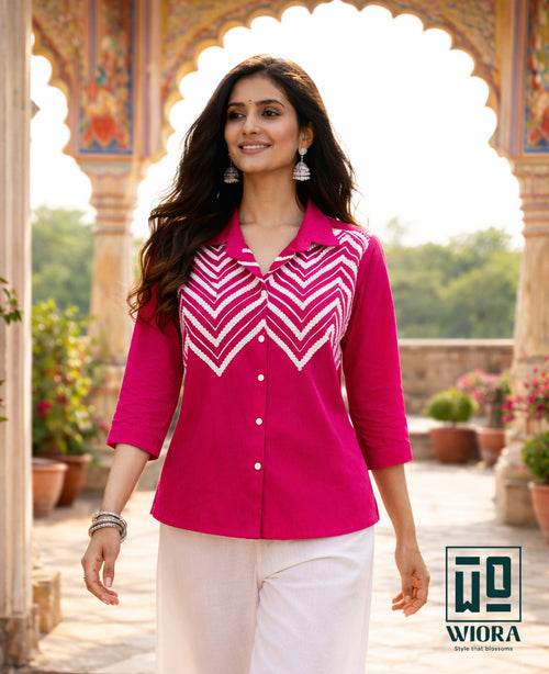 Wiora Pink Embroidered Shirt with Palm Tree Motif