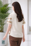 Wiora Beige Floral Embroidered Shirt – Elegant Short Sleeve Button-Down Top