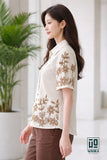 Wiora Beige Floral Embroidered Shirt – Elegant Short Sleeve Button-Down Top