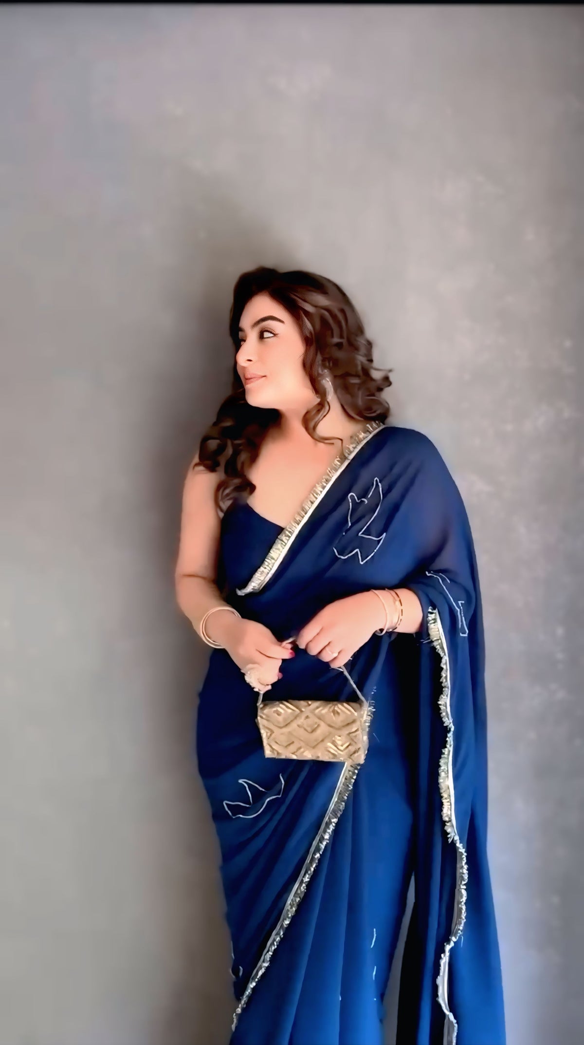 Royal Navy Blue Embroidered Satin Silk Saree with Blouse