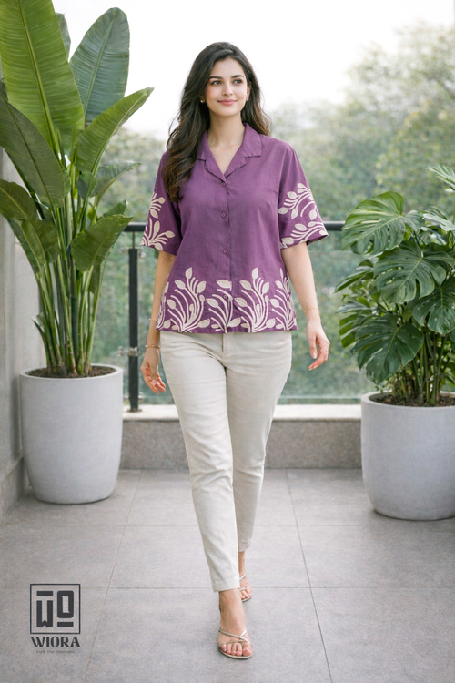 Wiora Fuchsia Lavender Palm Embroidered Button-Down Shirt