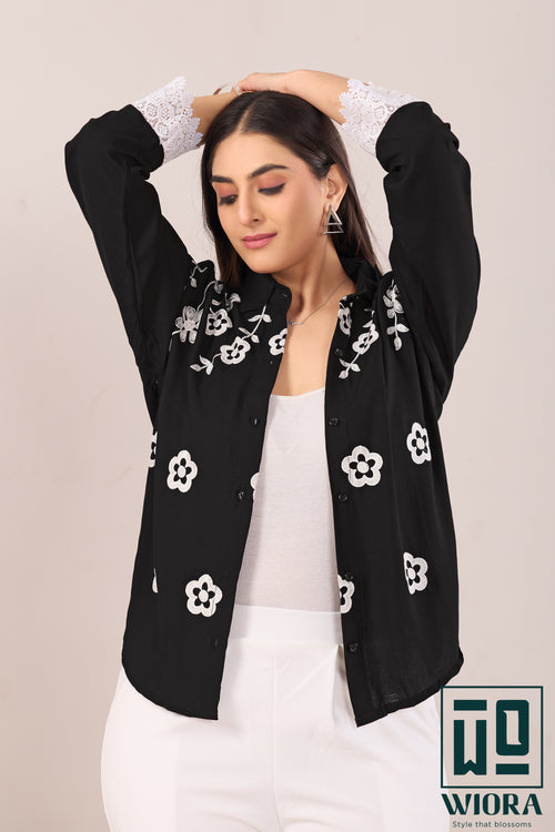 Stylish Black Floral Printed Top with Lace Accents