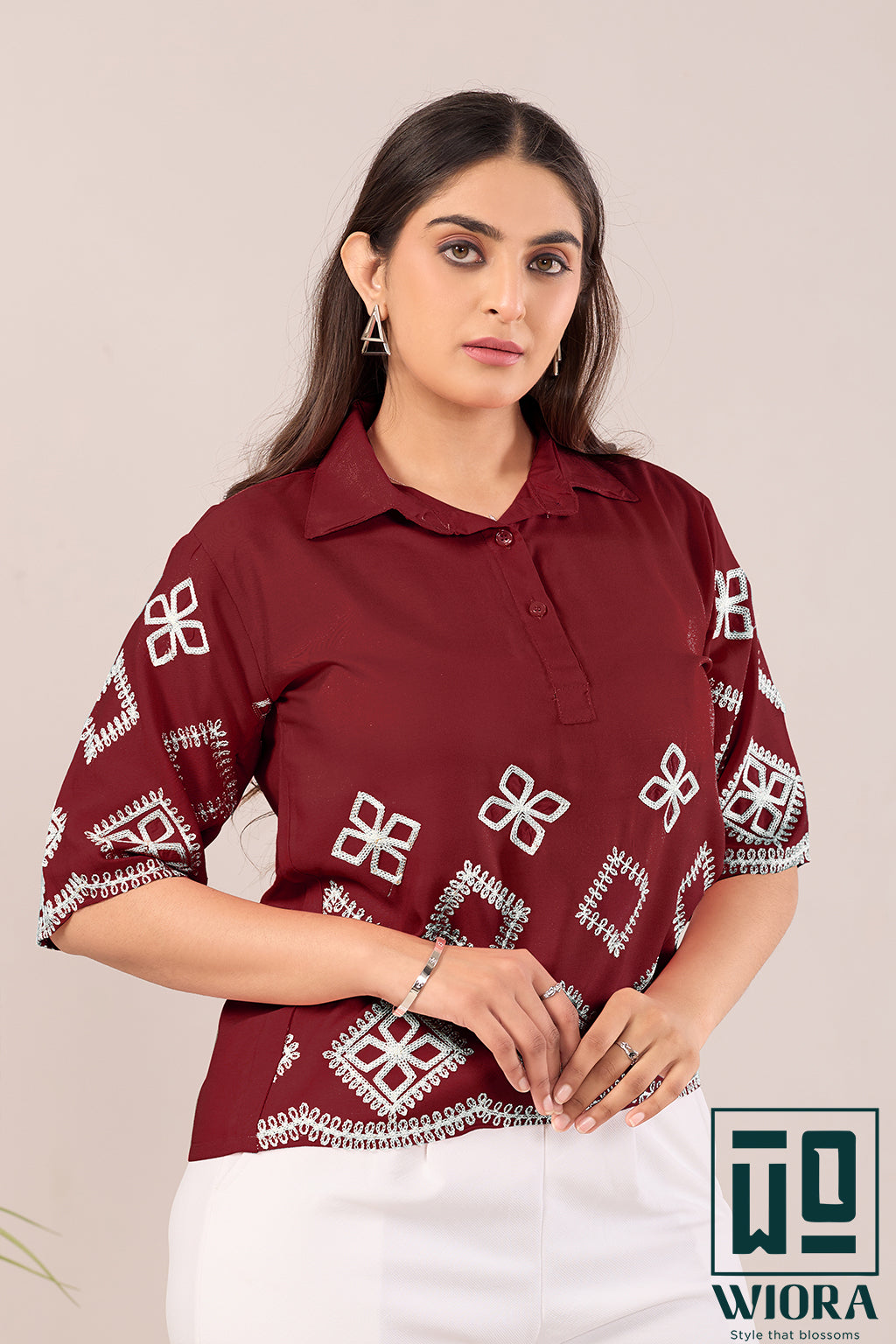 Stylish Brown Fulkari Printed Top with Lace Accents