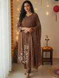 Coffee Pure Cotton Suit Set with Handworked Neck & Embroidered Dupatta