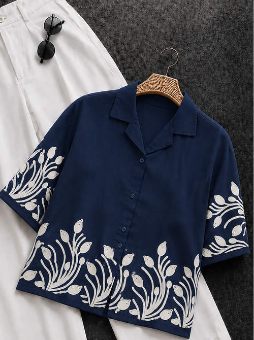Wiora Navy Blue Leaf Embroidered Shirt – Elegant Short Sleeve Button-Down Top
