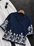 Wiora Navy Blue Leaf Embroidered Shirt – Elegant Short Sleeve Button-Down Top