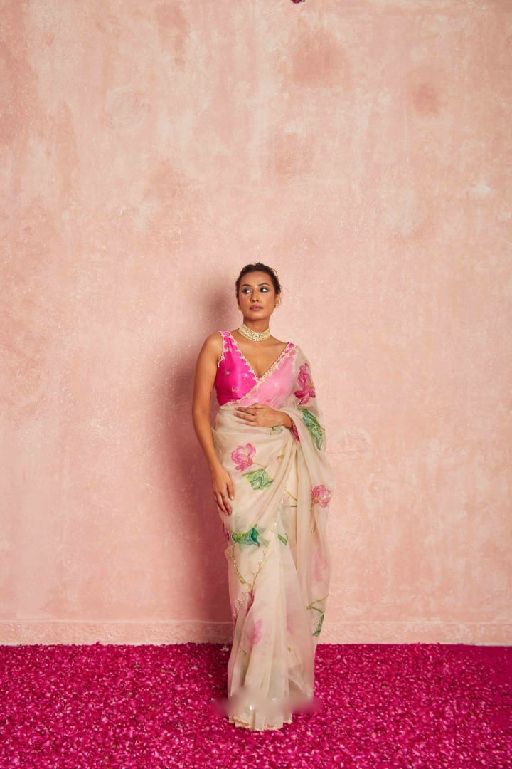 Luxury Hand Embroidered Organza Saree with Designer Blouse