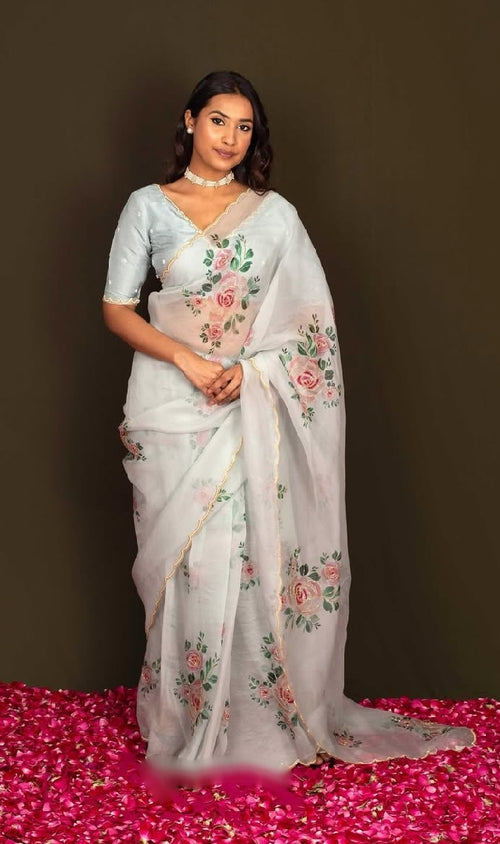 Beautiful Organza Sky Saree With Subtle Floral Print and Embroidered Sky Blouse
