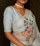 Beautiful Organza Sky Saree With Subtle Floral Print and Embroidered Sky Blouse