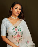 Beautiful Organza Sky Saree With Subtle Floral Print and Embroidered Sky Blouse