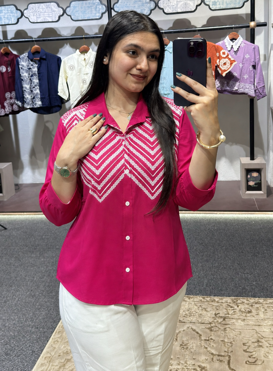 Wiora Pink Embroidered Shirt with Palm Tree Motif