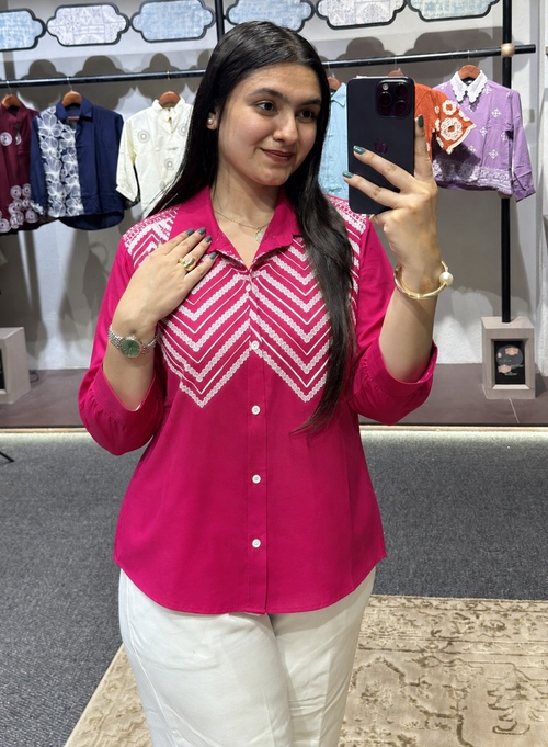 Wiora Pink Embroidered Shirt with Palm Tree Motif