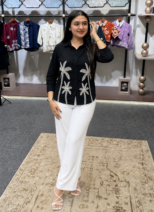 Black Embroidered Shirt with Palm Tree Motif