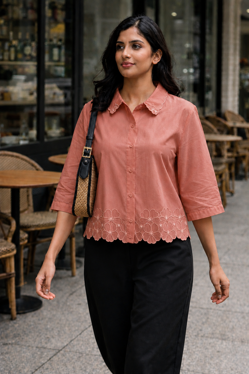 WIORA Women’s Peach Floral Embroidery Shirt – Premium Designer Casual Wear
