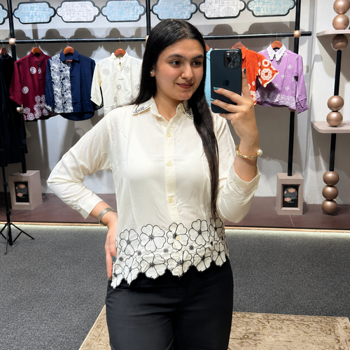 WIORA Women’s Stylish  Embroidered Casual Shirt with Floral Border & Fancy Collar
