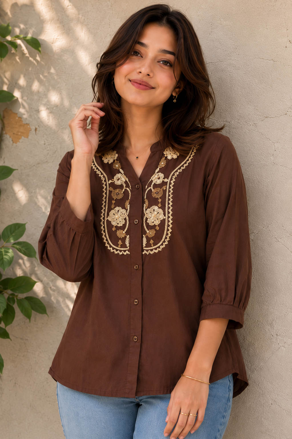 Wiora Women’s Chocolate Brown Embroidered  Collar Shirt