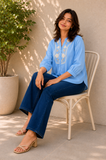 Wiora Women’s Sky Blue Floral Embroidered  Collar Shirt