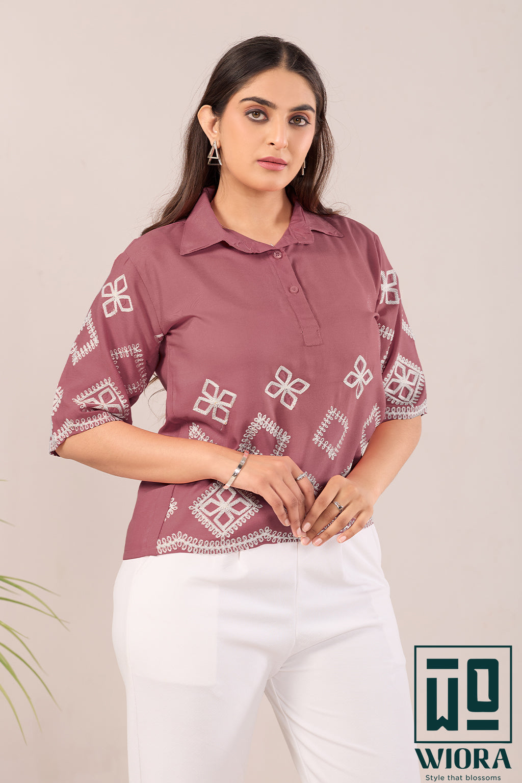 Stylish Soft wine pink Fulkari Printed Top with Lace Accents