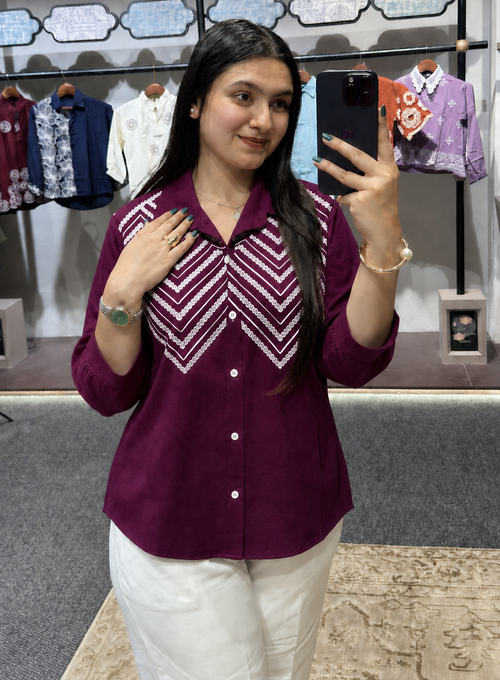Wiora Wine Chevron Embroidered Shirt