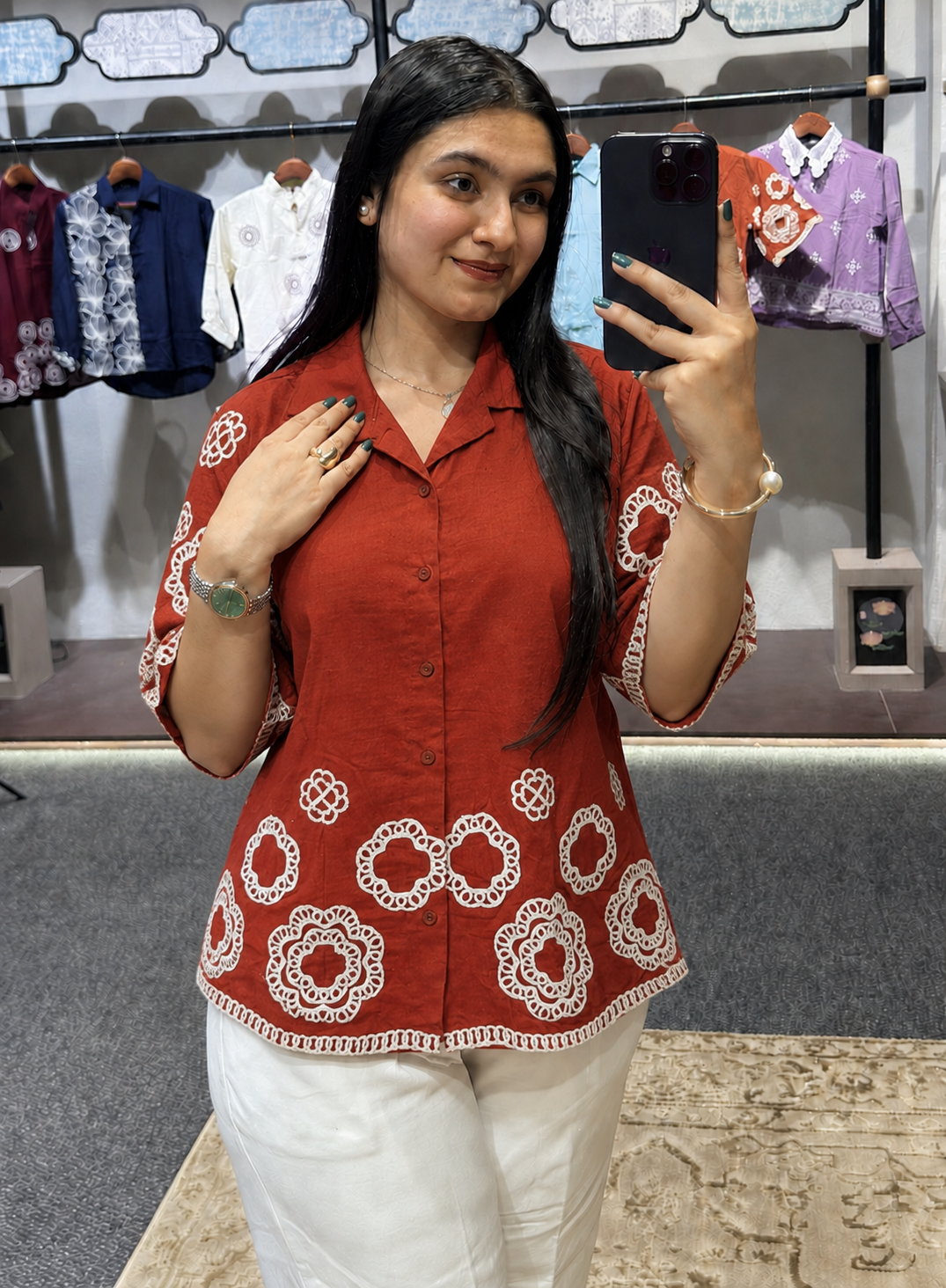 Wiora Orange Embroidered Shirt with Floral Motif