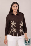 Chocolate Brown Embroidered Shirt with Palm Tree Motif