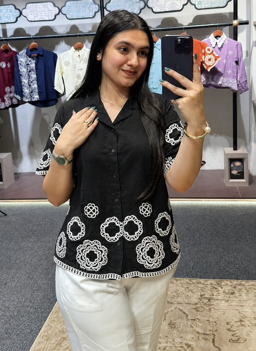 Wiora Black Embroidered Shirt with Palm Tree Motif