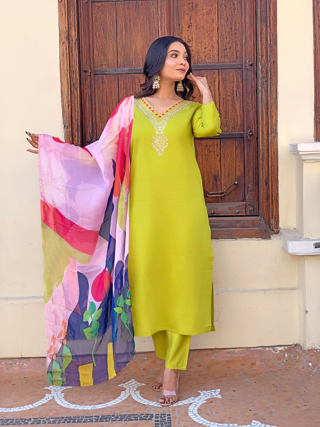 Lemon Zest Embroidered Rayon Kurta Pant & Printed Dupatta Set
