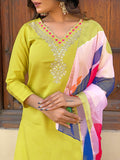Lemon Zest Embroidered Rayon Kurta Pant & Printed Dupatta Set