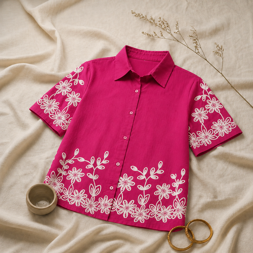 Wiora Fuchsia Pink Floral Embroidered Shirt – Elegant Short Sleeve Button-Down Top