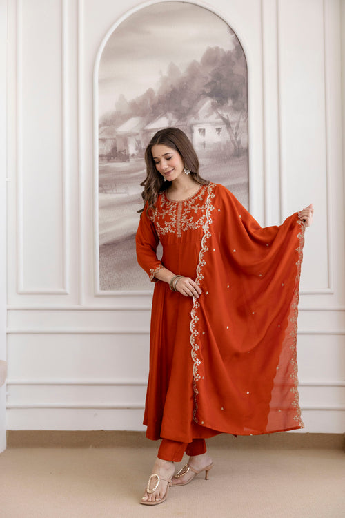 Rustic Ember Embroidered Vichitra Silk Kurta Set