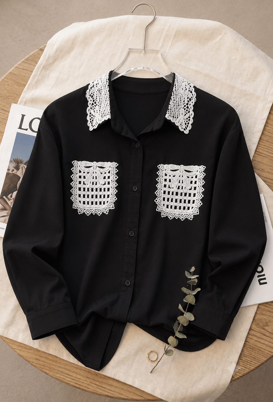 Classic Black Pocket Shirt with White Lace Detailing