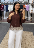 Wiora Brown Embroidered Button-Down Shirt with Floral Hem Detail