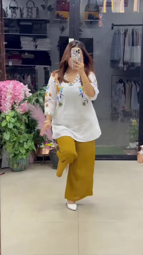 Chic Garden Inspired white and Mustard yellow Floral Stylish Printed Co-Ord Set