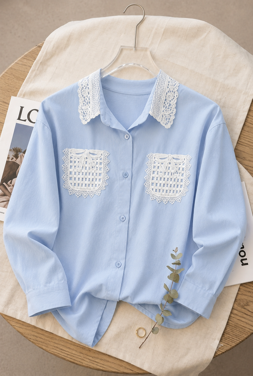 Classic Light Blue Pocket Shirt with White Lace Detailing