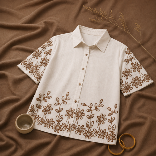 Wiora Beige Floral Embroidered Shirt – Elegant Short Sleeve Button-Down Top