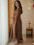 Coffee Pure Cotton Suit Set with Handworked Neck & Embroidered Dupatta