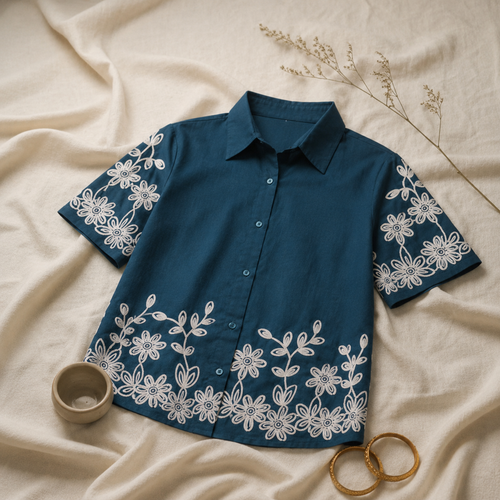 Wiora Teal Blue Floral Embroidered Shirt – Elegant Short Sleeve Button-Down Top