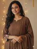 Coffee Pure Cotton Suit Set with Handworked Neck & Embroidered Dupatta