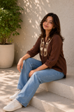 Wiora Women’s Chocolate Brown Embroidered  Collar Shirt