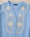 Wiora Women’s Sky Blue Floral Embroidered  Collar Shirt