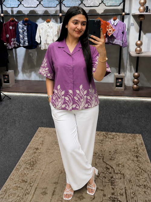 Wiora Fuchsia Lavender Palm Embroidered Button-Down Shirt