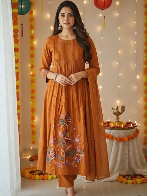 Rust Pure Cotton Suit Set with Handworked Neck & Embroidered Dupatta