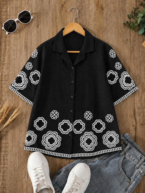 Wiora Black Embroidered Shirt with Palm Tree Motif