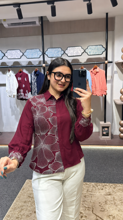 WIORA Women’s wine Floral Embroidered Shirt