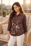Coffee Bandhani Printed Cotton Mix Shirt for Women – Elegant Casual Button-Down Top