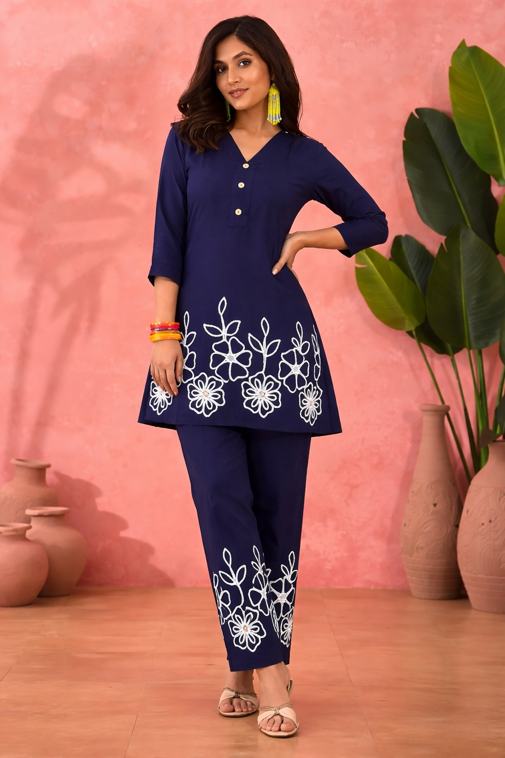 Navy Blue Floral Embroidered Elegant Co-Ord Set for Women