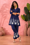 Navy Blue Floral Embroidered Elegant Co-Ord Set for Women